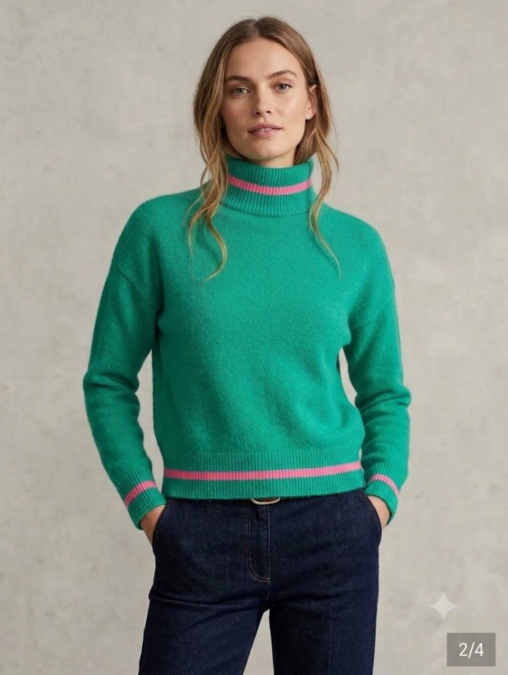 THML Green Turtleneck Sweater with Pink Stripe Accents